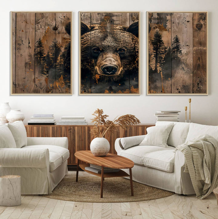 The bedroom showcases the Rustic Grizzly 399 Wall Art, a triptych canvas print that brings woodland charm to the space with its striking depiction of a bear. Elegantly displayed on a wooden wall, it enhances the rustic cabin feel.