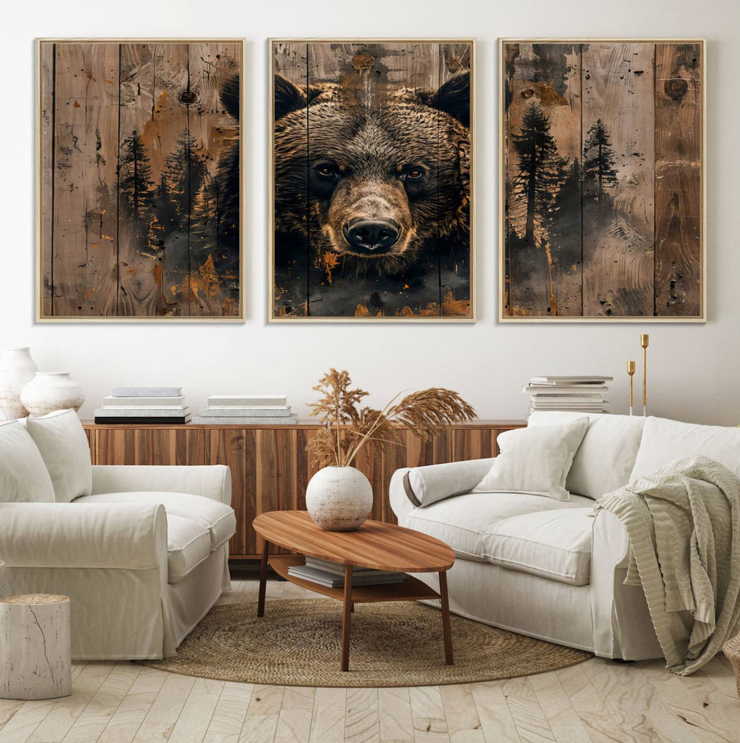 Rustic Grizzly 399 Wall Art is showcased against wood panels with forest silhouettes.