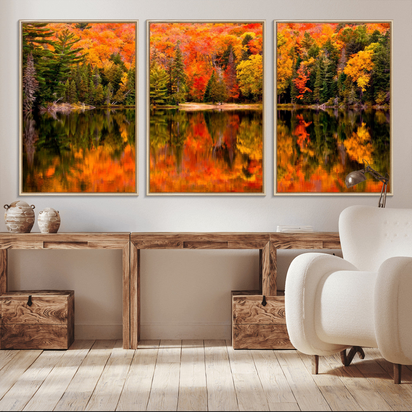 MGV-FC-60X30-3P - Forest Reflection Art | Autumn Forest Reflection Wall Art | Triptych Canvas Print | Vibrant Fall