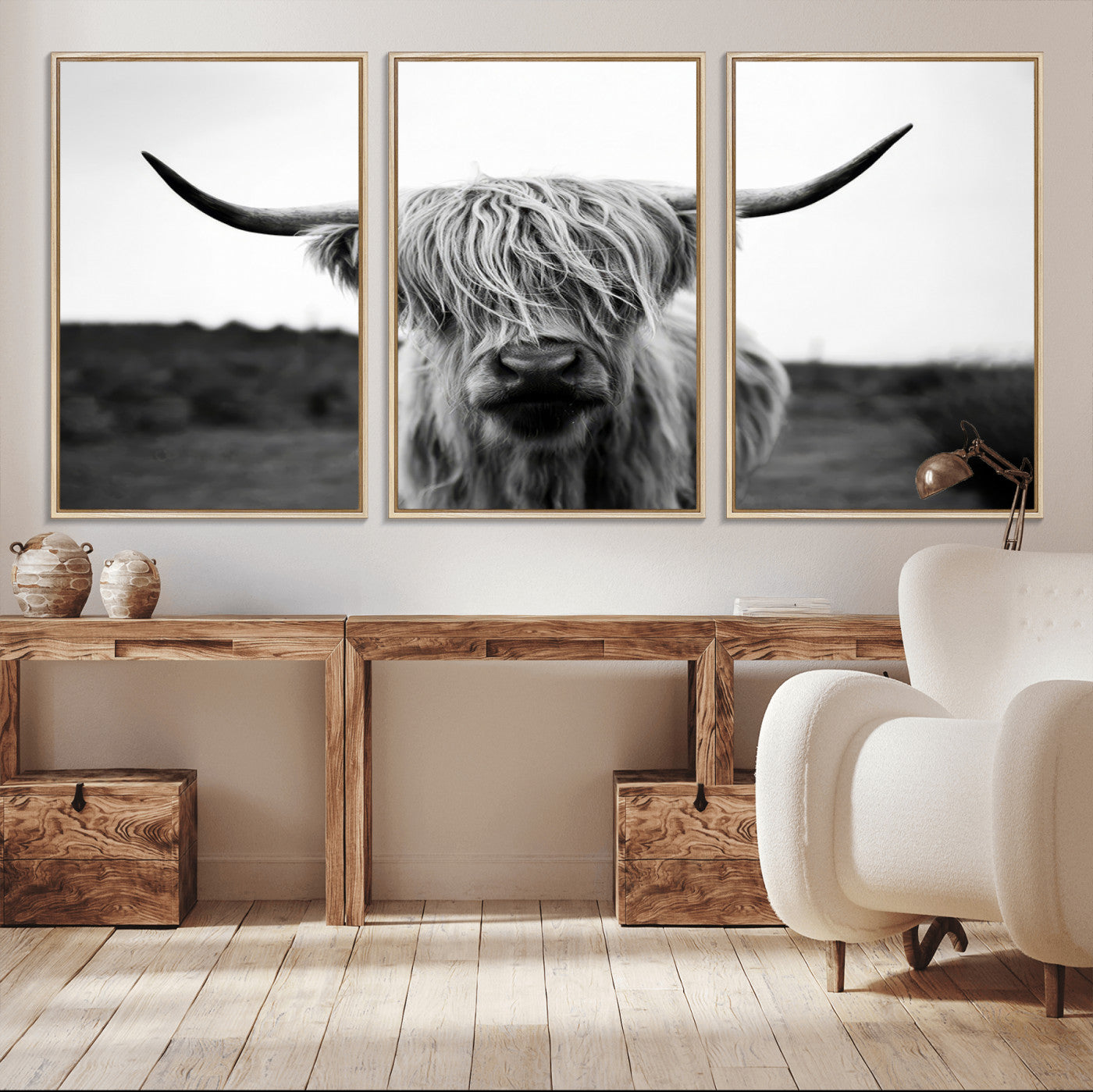 MGV-FC-60X30-3P - Highland Cow Wall Art | Black and White Farmhouse Decor | Triptych Canvas Print | Rustic Barn Decor