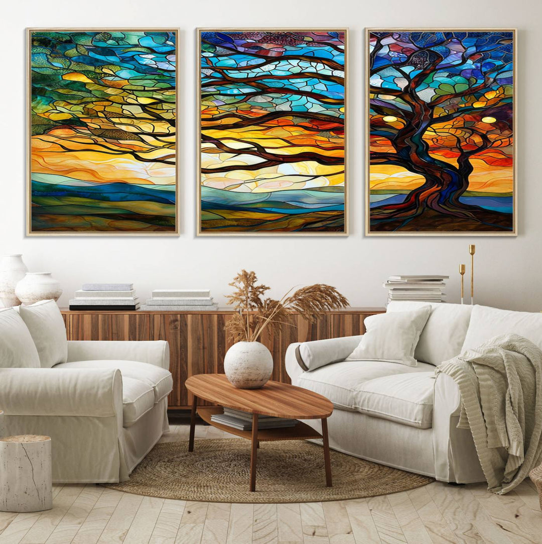 A vivid Tree of Life in stained glass style is depicted with twisted branches, a colorful sky, and hills on a ready-to-hang canvas.