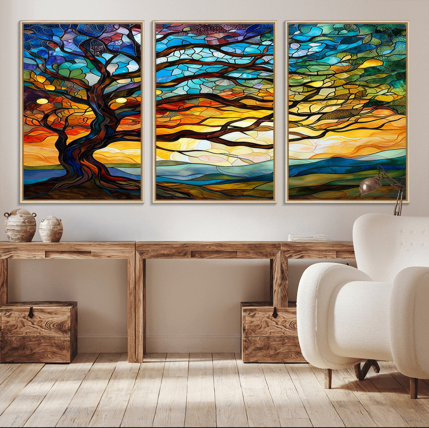 MGV-FC-60X30-3P - Mosaic Tree Wall Art | Ready to Hang Stained Glass Style Canvas Print | Farmhouse Wall Decor, Cabin