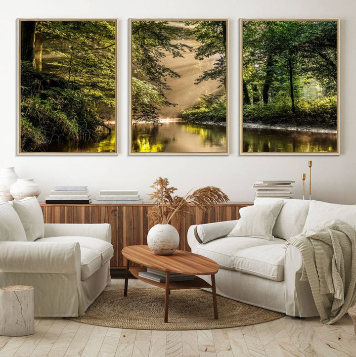 Forest Wall Art Print: A river landscape bathed in sunlight, perfect for rustic decor or as wall art for farmhouses and cabins.