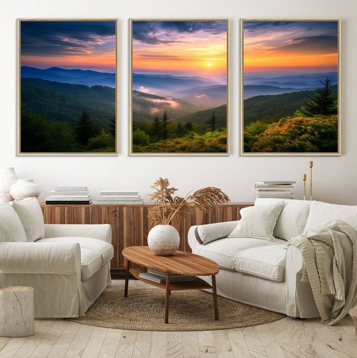 The Majestic Mountain Sunrise Print features a vibrant sky, layered hills, and evergreens, making it a stunning piece of wall decor.