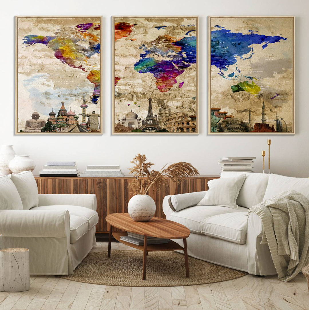 Artistic world map featuring landmarks like the Eiffel Tower, printed on premium wall art for office or living space.