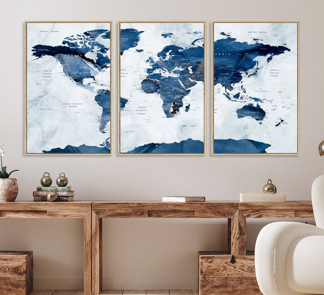 Navy Blue World Map with Antarctica Canvas: A perfect abstract home decor piece featuring a grunge-stained background.