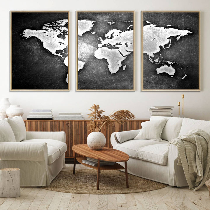 Black & White 3-Panel Framed World Map Canvas Art with Grunge Design.