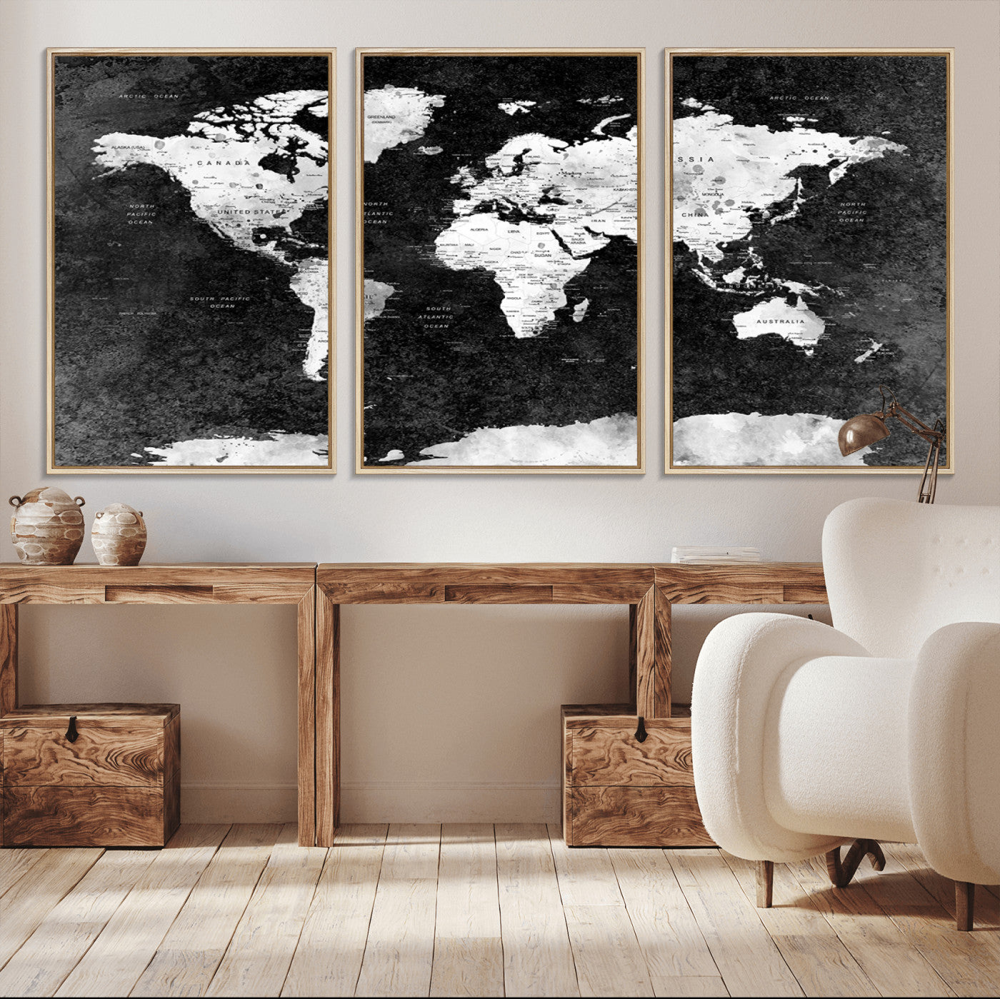 90682-MGV-FC-60X30-3P_Natural-Black and White World Map Canvas Print – Framed Push Pin Wall Art for Couples, Modern Minimalist Travel Map for Elegant Home and Office Decor