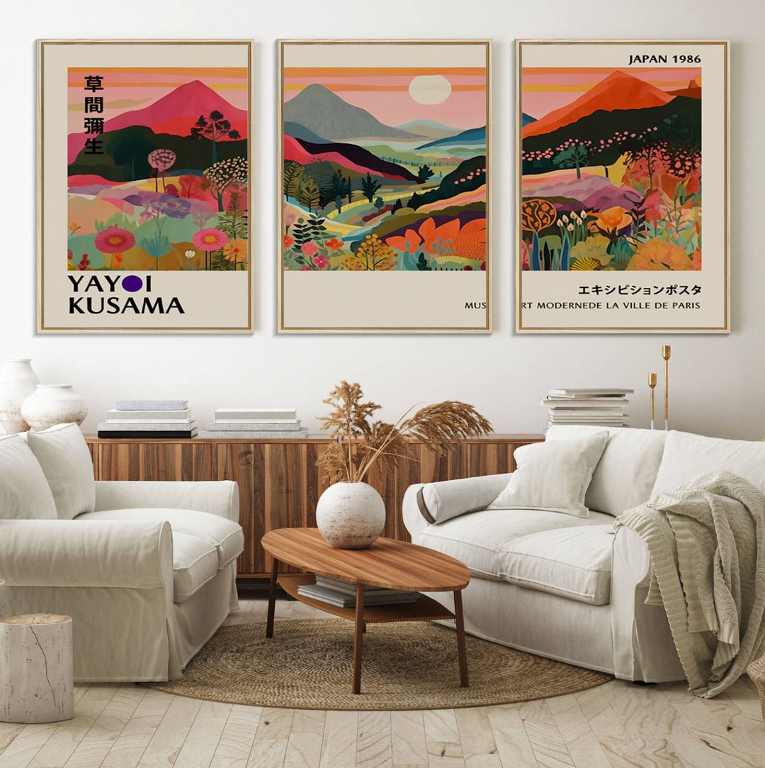 A vibrant abstract landscape by Yayoi Kusama adorns a Wabi Sabi ready-to-hang canvas print, featuring mountains and flowers.