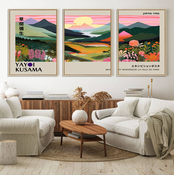 Vibrant abstract landscape canvas with mountains and fields, titled Yayoi Kusama 1986 Wall Art Print.