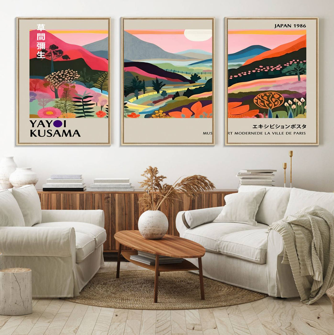 Vibrant abstract landscape canvas inspired by Yayoi Kusama, featuring mountains, trees, and flowers in a triptych style.