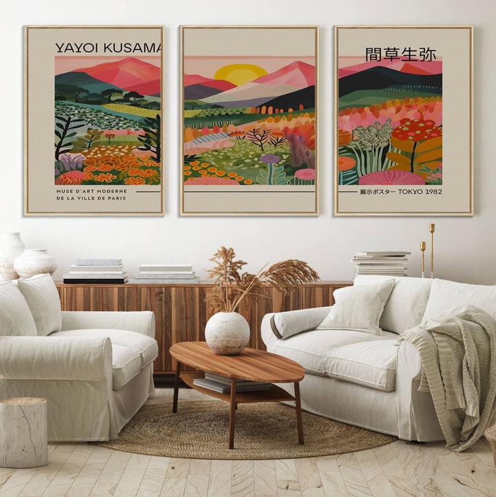 A vibrant abstract triptych features mountains, a sun, and plants in Yayoi Kusamas style with Japanese and French text included.