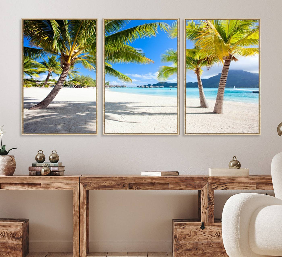 Blue Beach and Sea Wall Art Canvas Print: showcases a tropical scene with palm trees, white sand, and turquoise water.