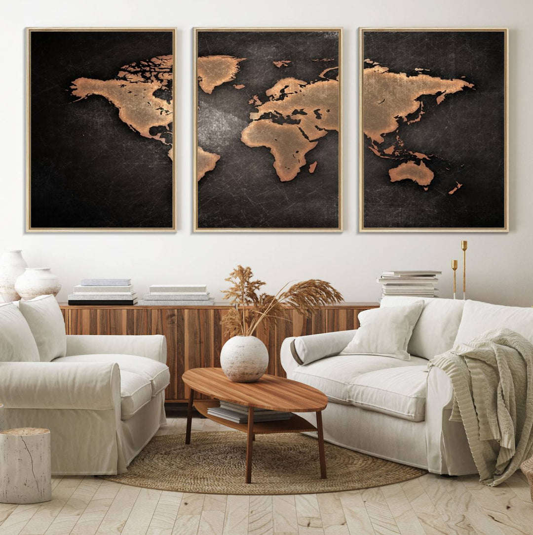 The Modern World Map on a metallic black canvas creates a striking effect.