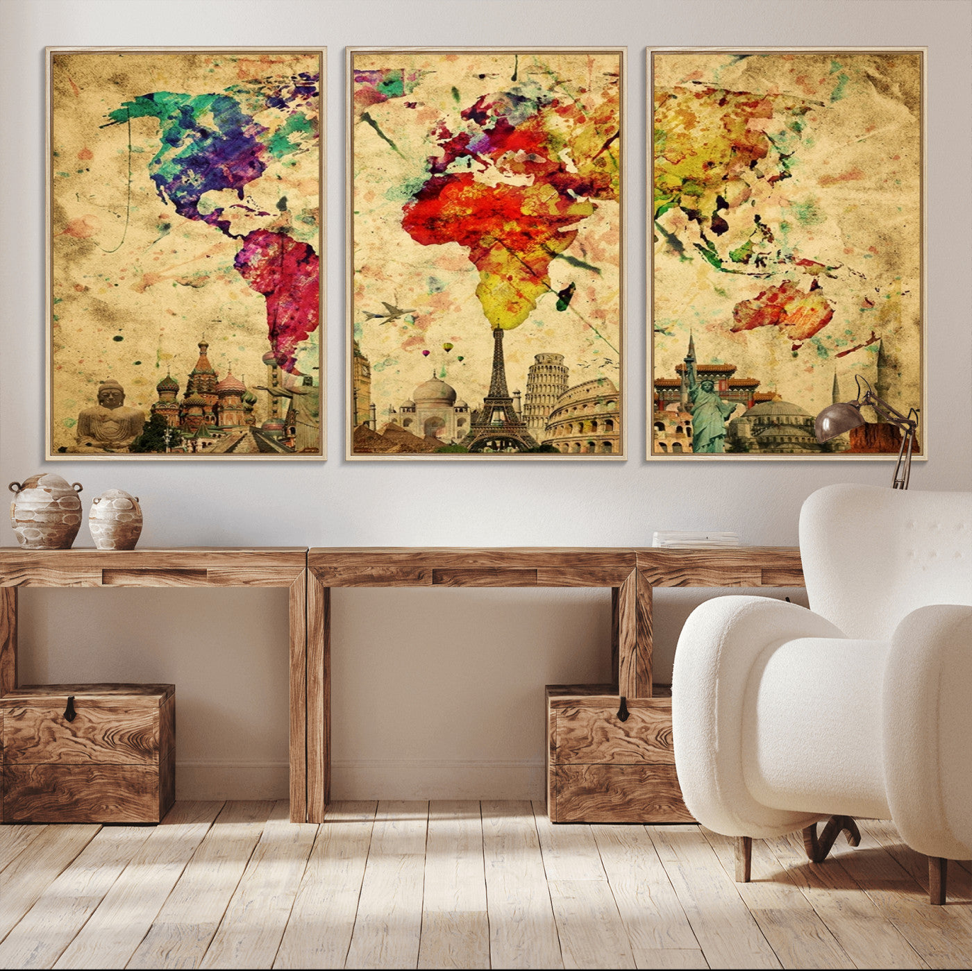 24467-MGV-CV-36X24-Colorful Watercolor World Map Canvas Wall Art – Framed Landmark Travel Map Print, Vibrant Global Artwork for Home and Office Decor