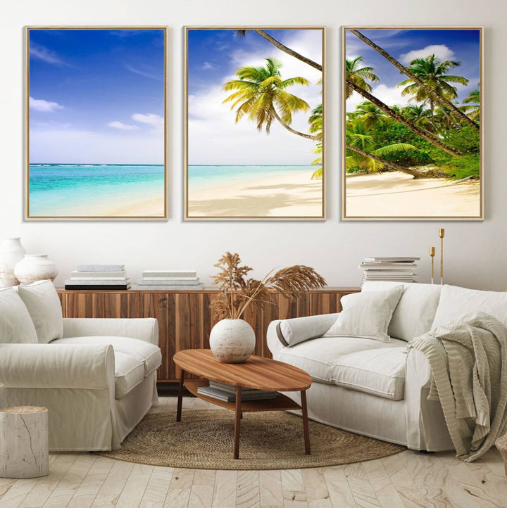 Tropical Beach Canvas: Palm Trees & White Sand Shore Decor, Vibrant Coastal Print, Ready to Hang.