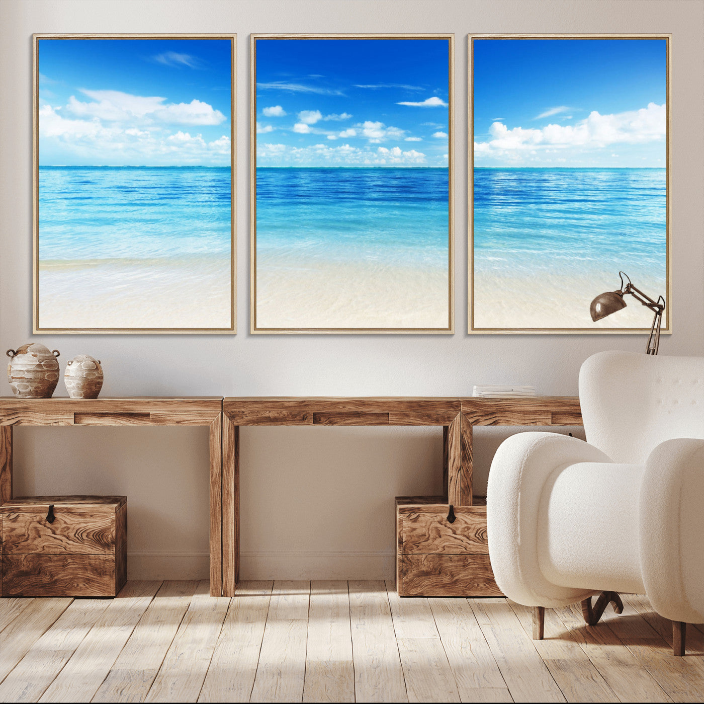 MGV-FC-60X30-3P - Beach Scene Canvas Wall Art Print – Tranquil Ocean Horizon and White Sand Beach Wall Decor for Home