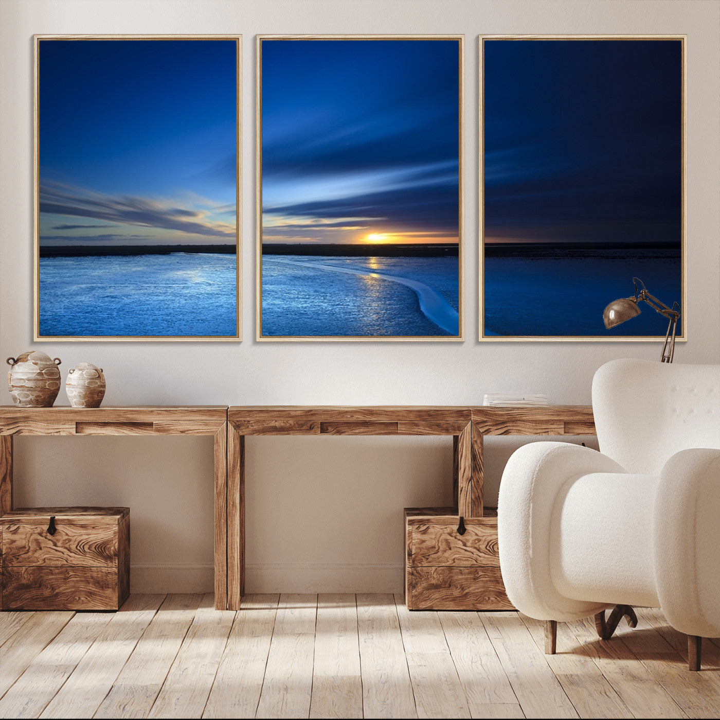 MGV-FC-60X30-3P - Blue Sunset Ocean Canvas Wall Art Print – Serene Coastal Horizon Wall Decor for Home or Office –