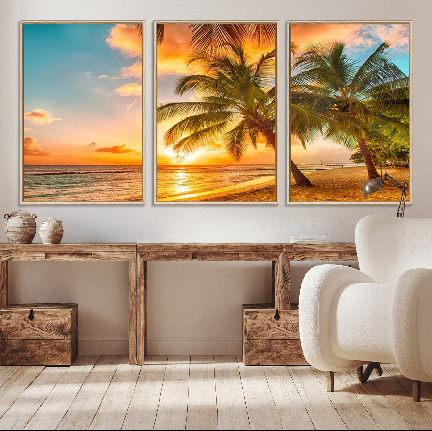 -Tropical Sunset Beach Canvas Wall Art Print – Vibrant Palm Trees and Coastal Sunset Wall Decor for