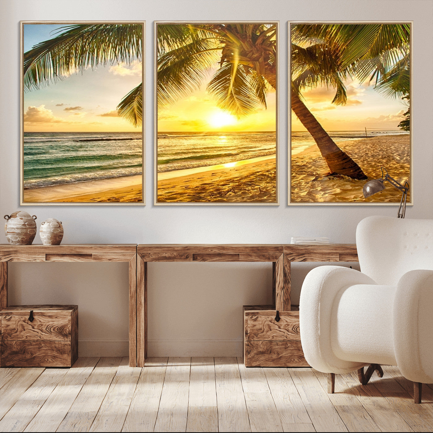 MGV-FC-60X30-3P - Beach Sunset Canvas Wall Art Print - Tropical Beach Canvas Wall Art Print – Vibrant Palm Trees and