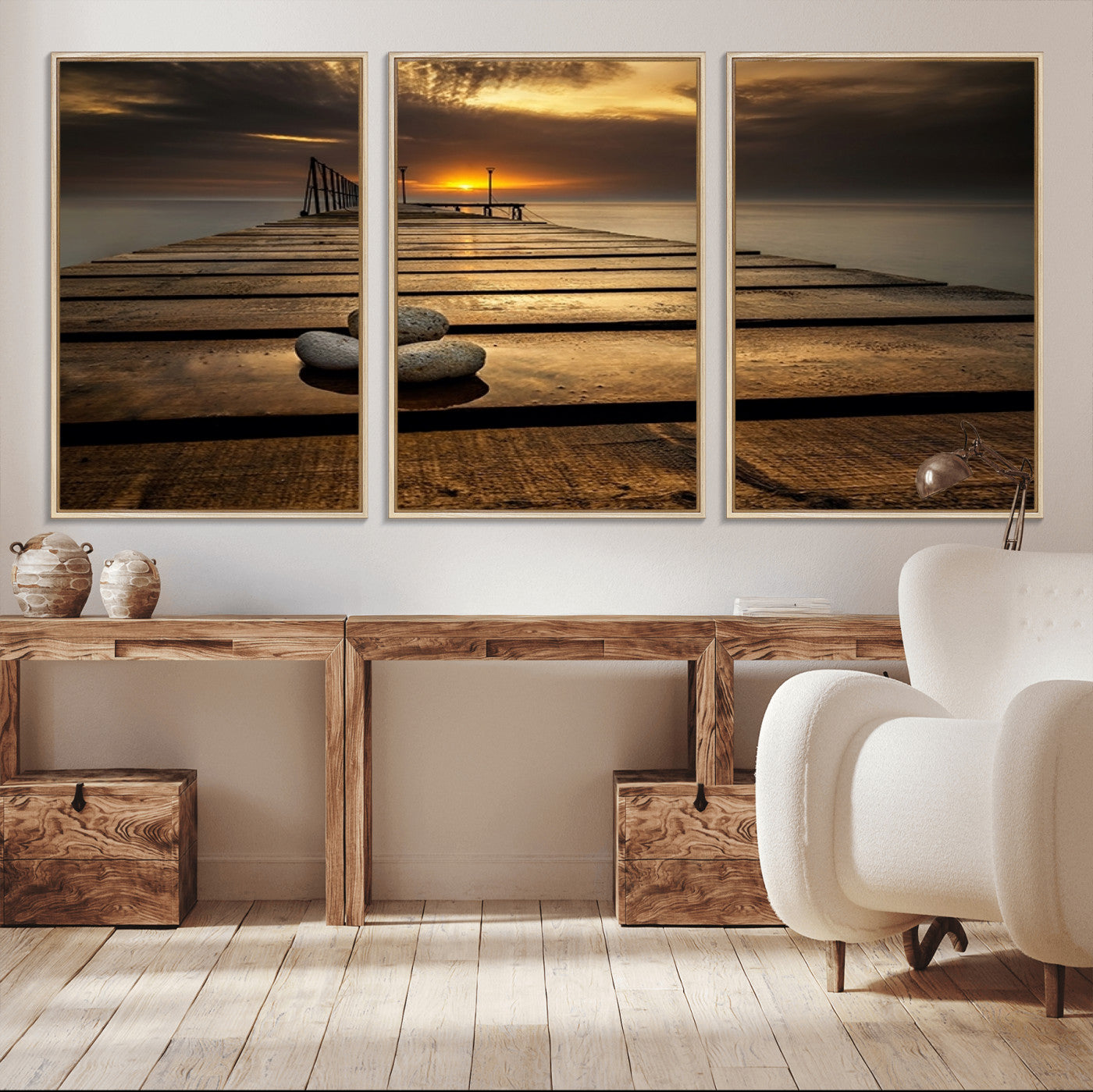MGV-FC-60X30-3P - Stones on Wooden Pier at Sunset Canvas Print, Serene Coastal Wall Art, Beach Sunset Photography,