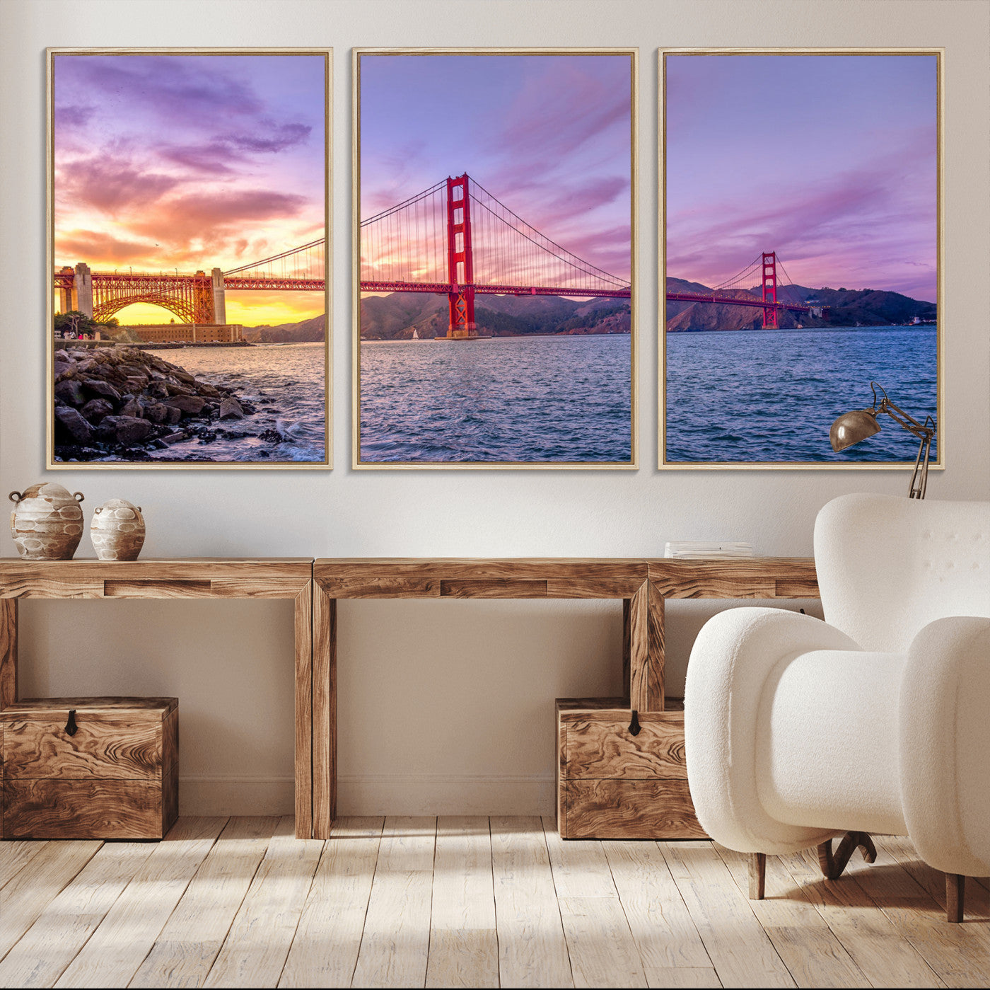 MGV-FC-60X30-3P - Golden Gate Bridge Wall Art Print, San Francisco Sunset Canvas Wall Art, Cityscape Canvas Print for