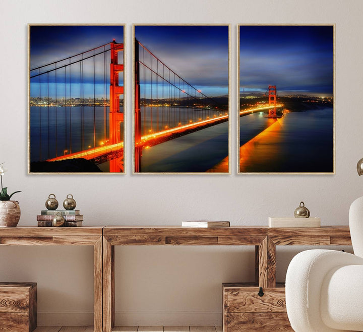 A large wall art San Francisco canvas print of the Golden Gate Bridge at twilight is displayed on a porch.