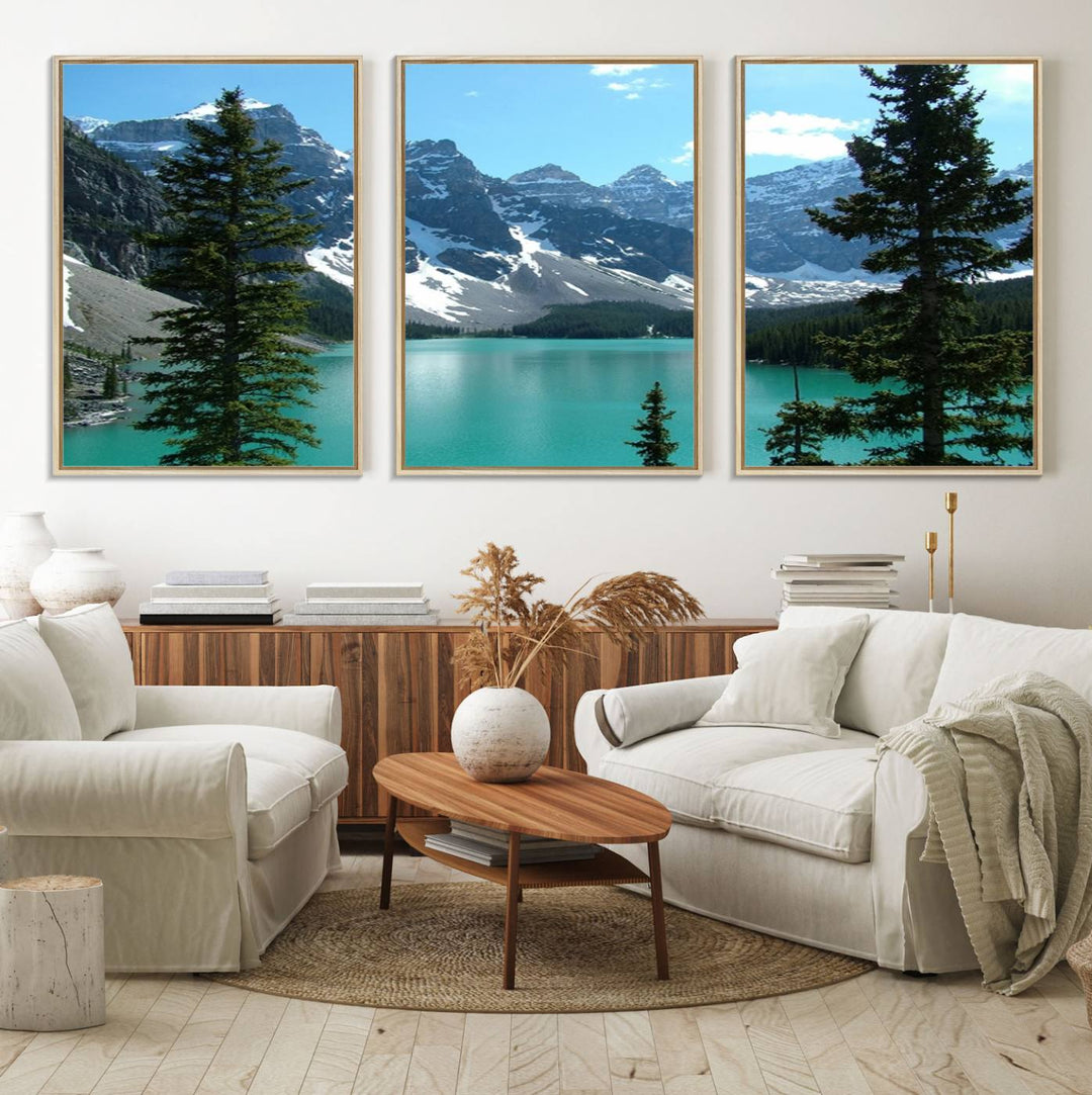 Canadian Rockies Moraine Lake Landscape Canvas Print showcasing a turquoise lake and mountain view.