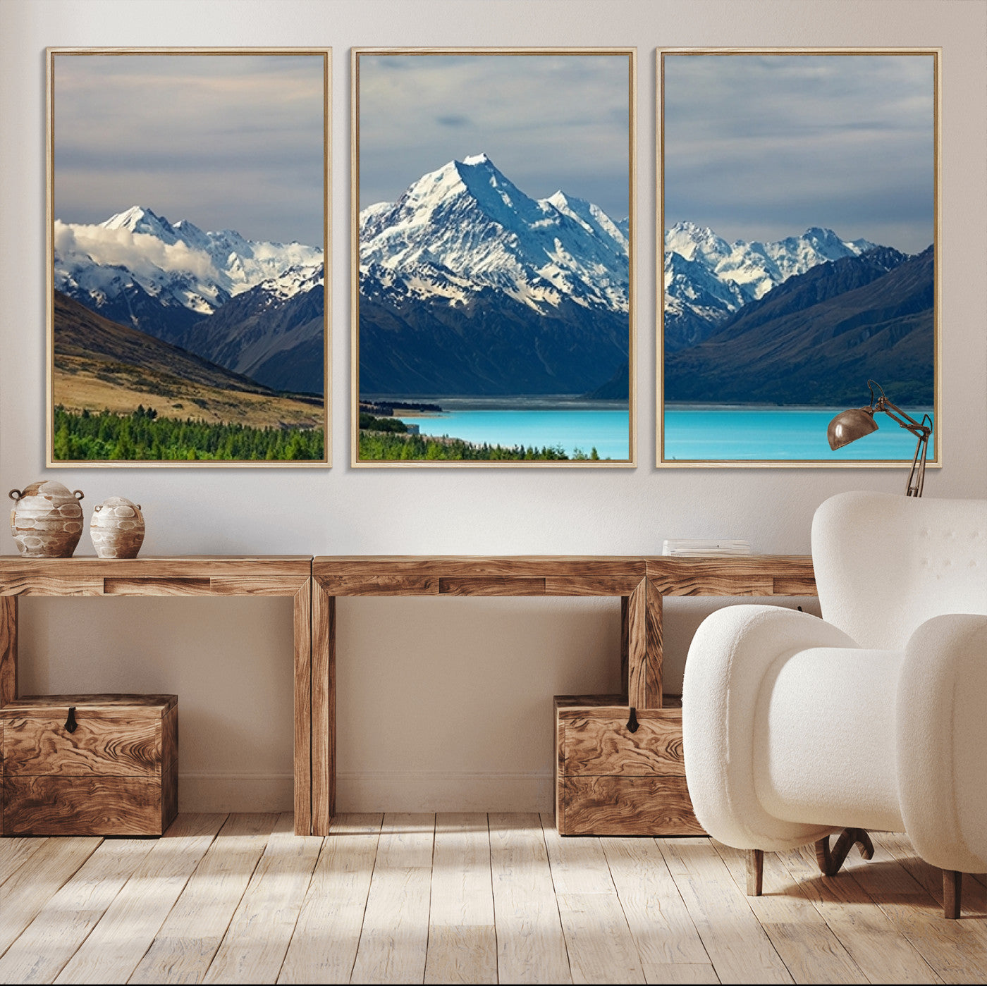 MGV-FC-60X30-3P - Mount Cook and Lake Pukaki Canvas Wall Art Print – Majestic Snow-Capped Peaks and Serene Lake Wall