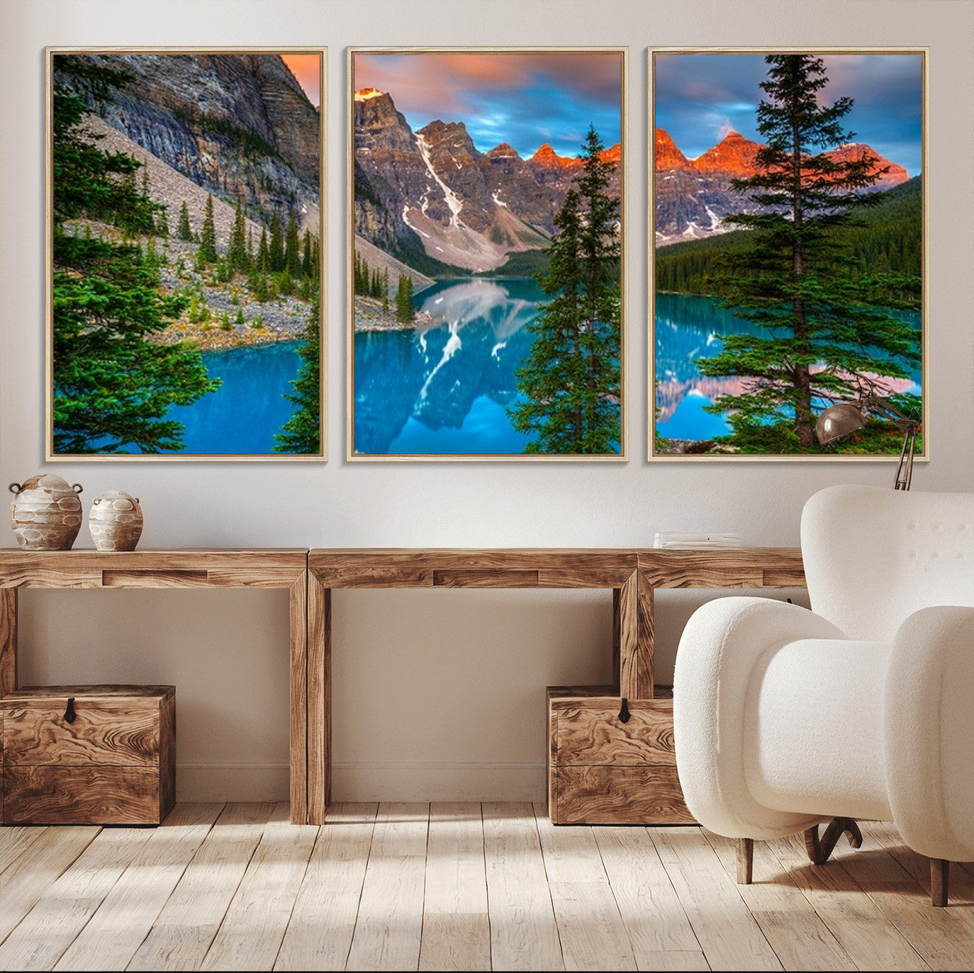 29782-MGV-FC-60X30-3P_Natural-Canadian Rockies Moraine Lake Wall Art Canvas Print, Pine Trees Mountain Spring Canvas Print