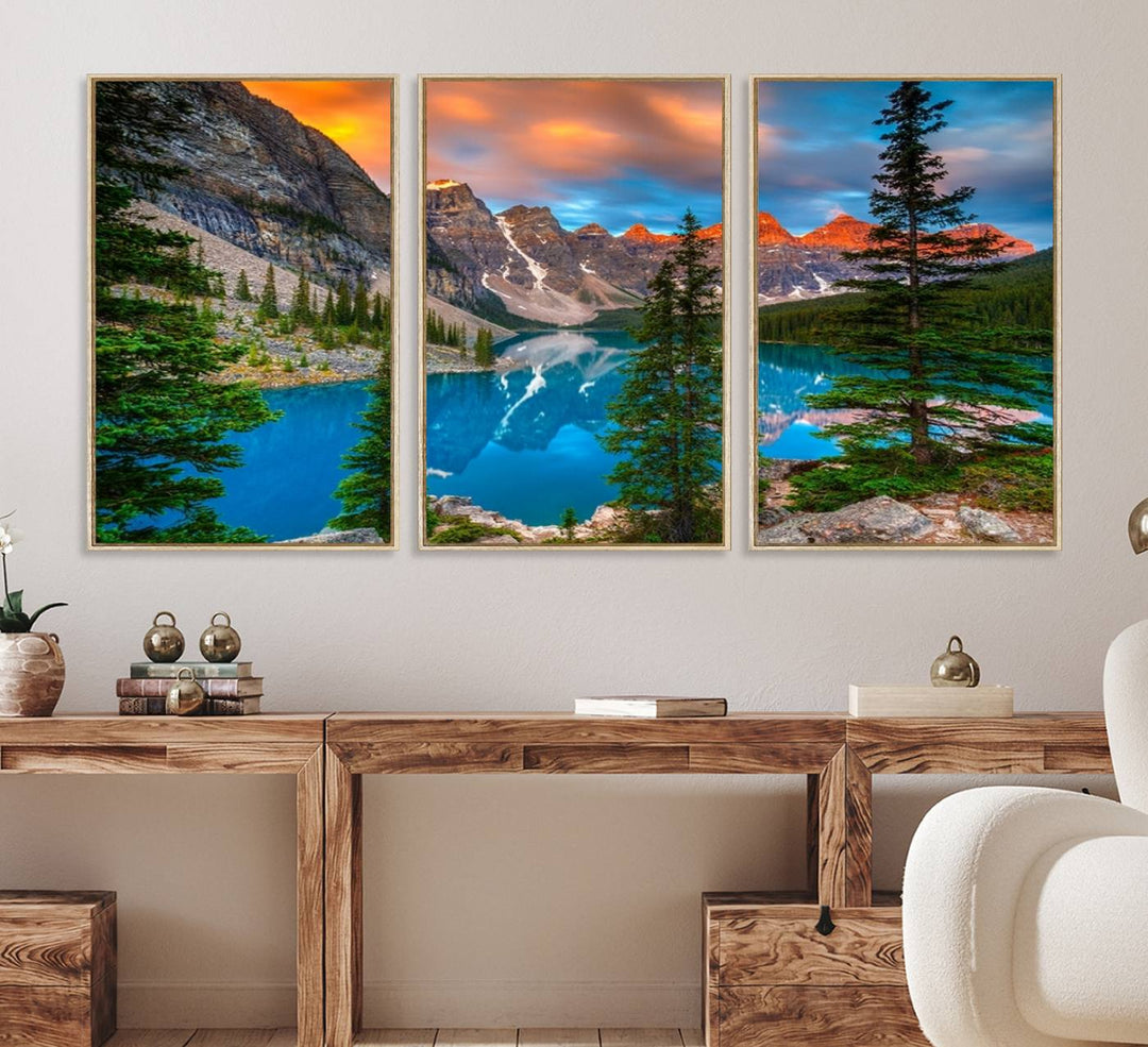 The dining room features a stunning piece of wall art depicting the Canadian Rockies Moraine Lake.