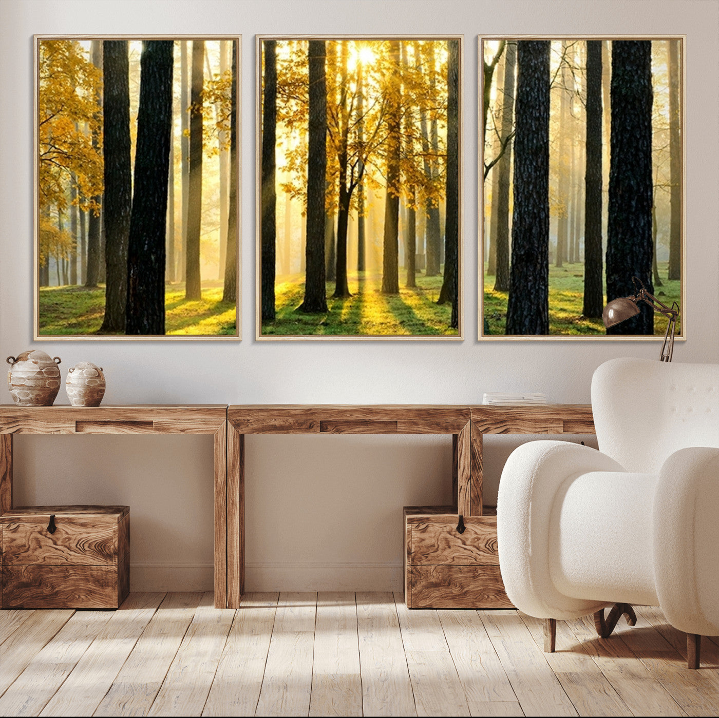 -Sunlit Forest Canvas Wall Art – Serene Woodland Triptych Landscape Print – Nature-Inspired Decor for