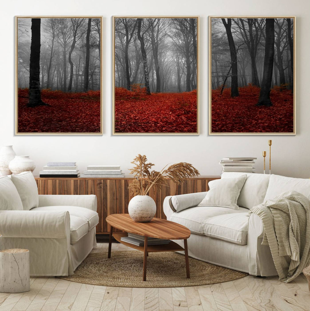 A large, museum-quality canvas print titled Wonderful Forest with Red Leaves.