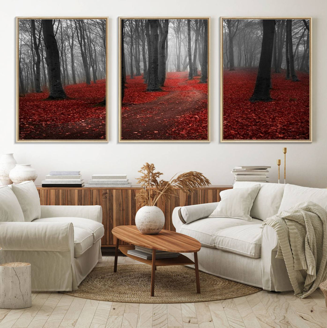 Wonderful Forest artwork: Triptych with red leaves, ideal for nature lovers.