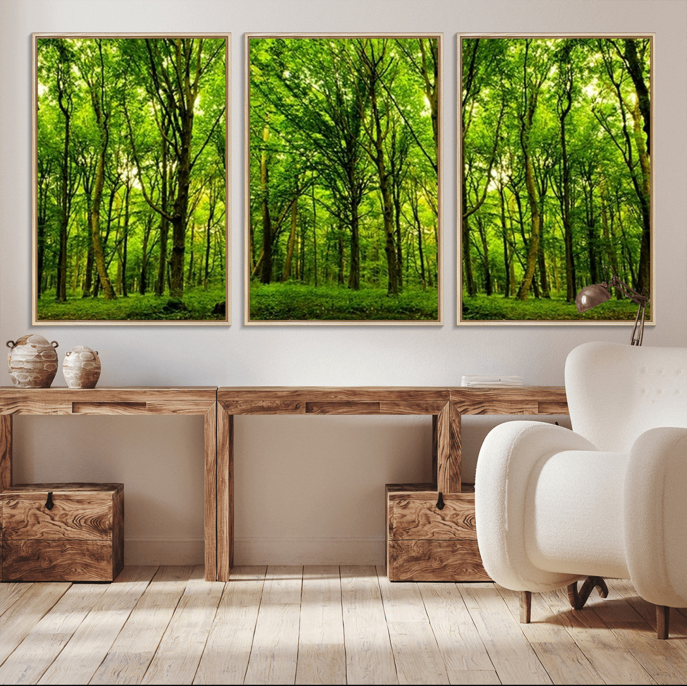 10744-MGV-CV-36X24-Lush Green Forest Canvas Print | 3-Panel Forest Wall Art | Nature Landscape for Living Room