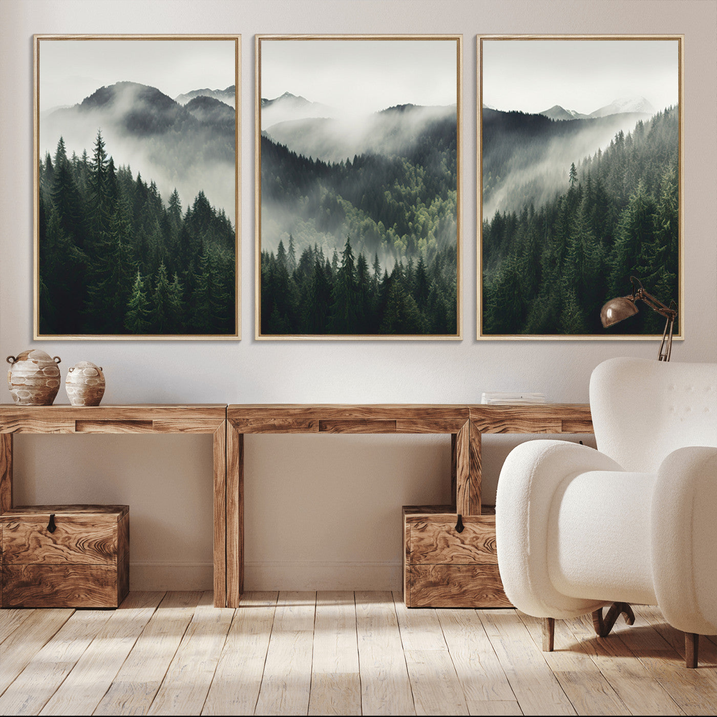 90953-MGV-FC-60X30-3P_Natural-Misty Forest Canvas Print Wall Art Premium Canvas Print a Foggy and Serene Atmosphere