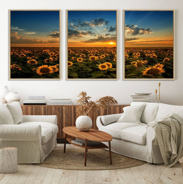 The dining area features the Sunflower Field Sunset Wall Art Canvas Print.