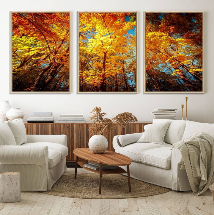 Forest View at Fall Wall Art hangs prominently, showcasing its beauty.