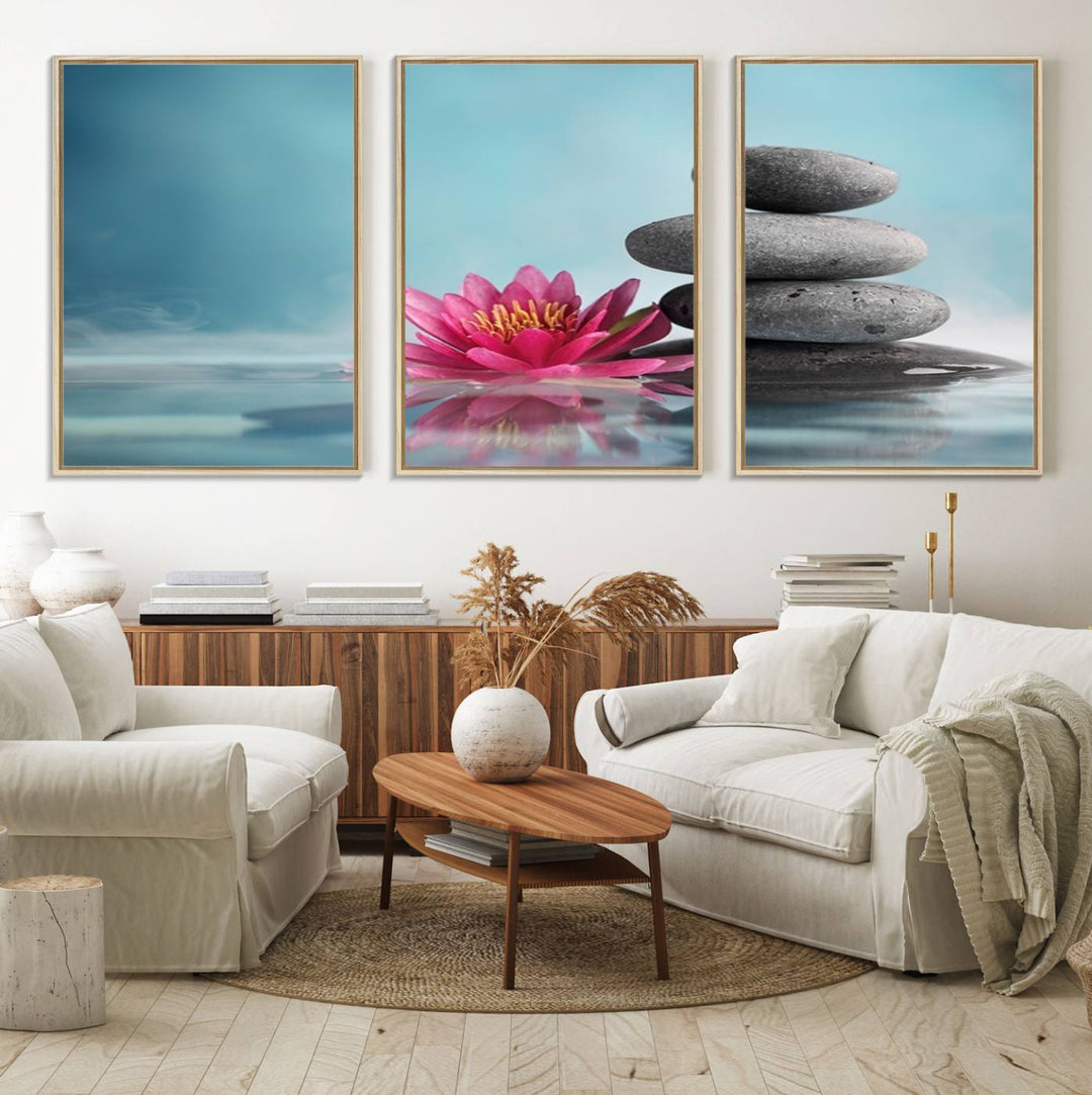 The dining room features a Zen Serenity Triptych wall art, showcasing a calming depiction of lotus flowers and balancing stones.