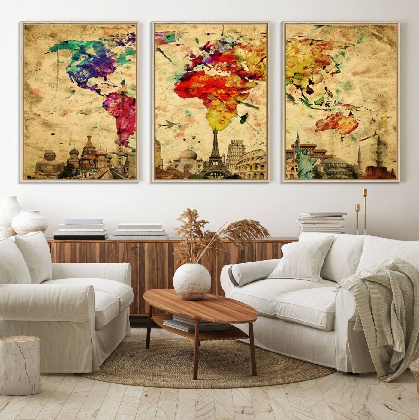 34595-MGV-FC-60X30-3P_Natural-Push Pin World Map Canvas Print – Framed Travel Map Wall Art for Couples, Anniversary Gift, Modern Home or Office Decor