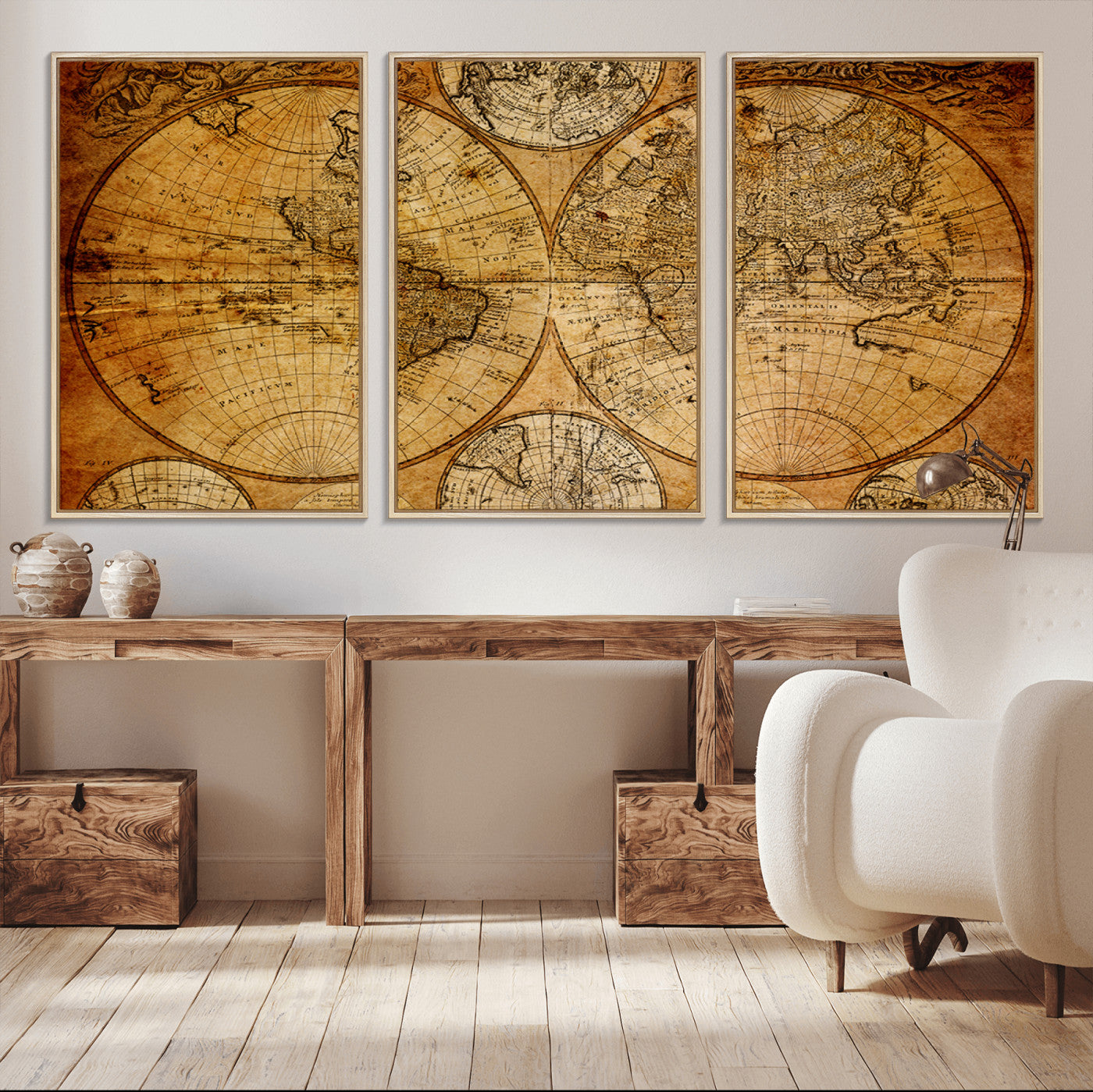 25517-MGV-FC-60X30-3P - Vintage World Map Canvas Print – Antique Push Pin Travel Map, Framed Wall Art for Home or Office Decor