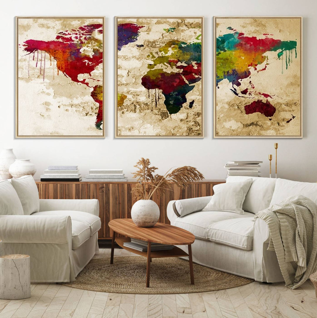 The Rainbow Colored Vintage World Map Canvas Print decorates the room.