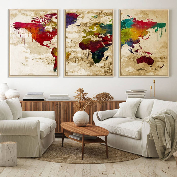 The Rainbow Colored Vintage World Map Canvas Print decorates the room.