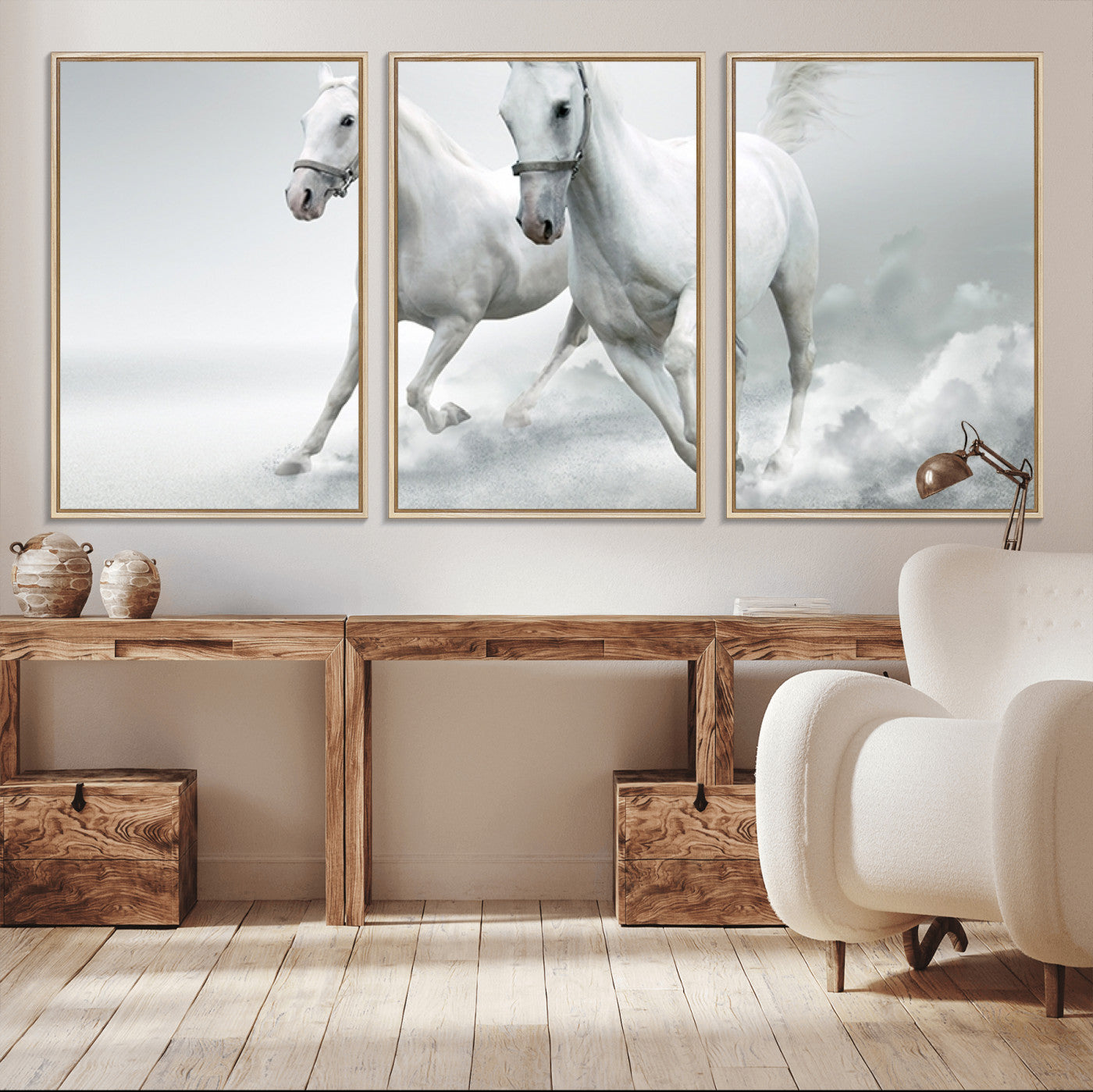 MGV-FC-60X30-3P - Large Wall Art Animal Canvas Print - Beautiful Running White Horses