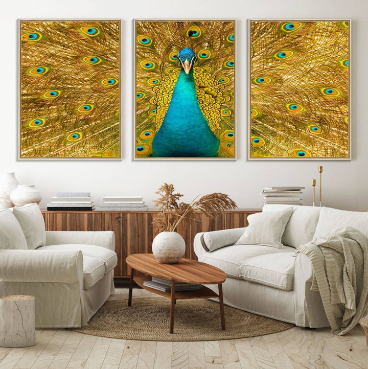 The Peacock Wall Art Canvas Print adorns a bright wall.