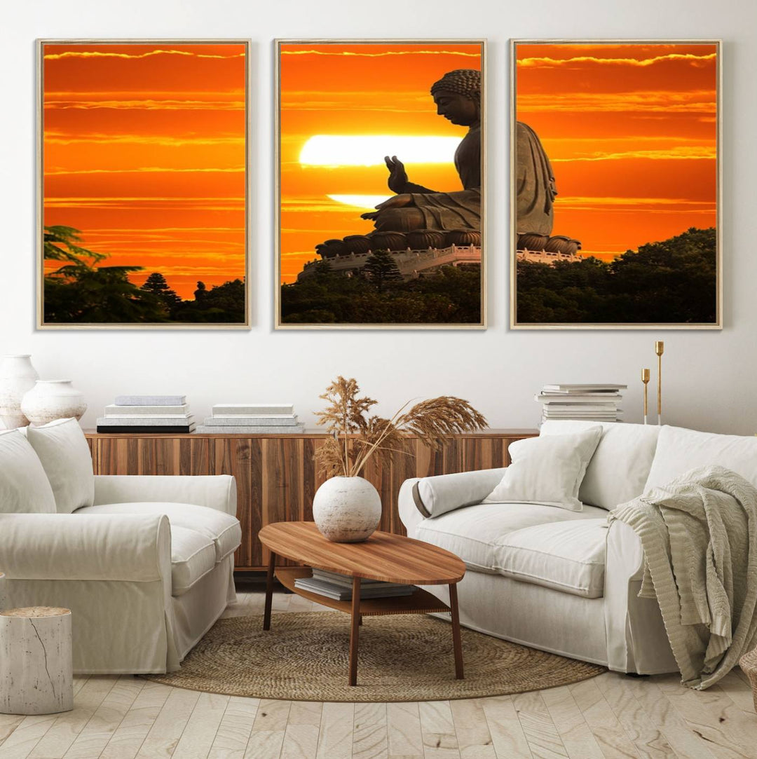 The Buddha Statue at Sunset canvas print adds serenity to the space.