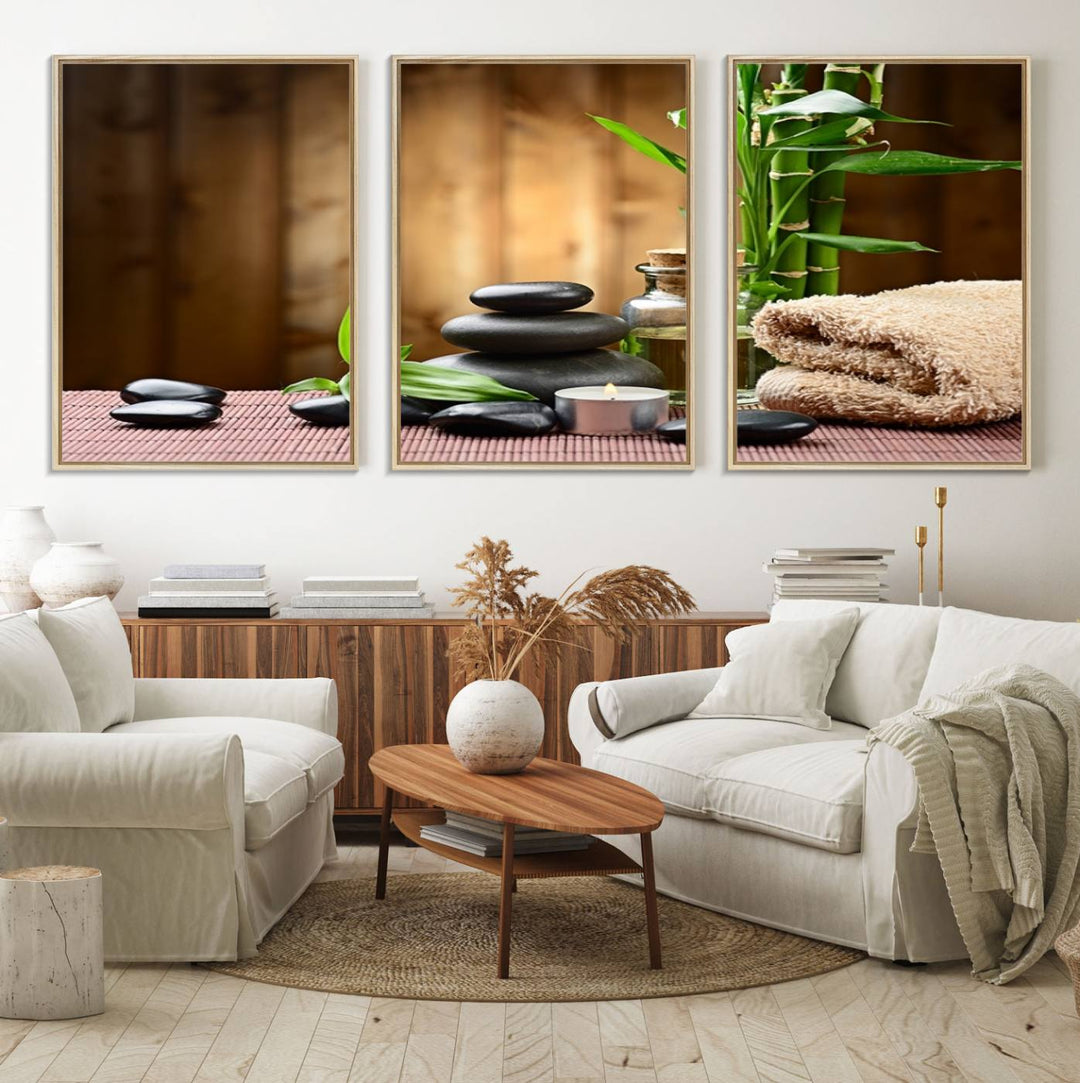 Zen Serenity Triptych Canvas Art: Pink Lotus Flower and Stones, Tranquil Water Lily Print, creating a peaceful spa ambiance.