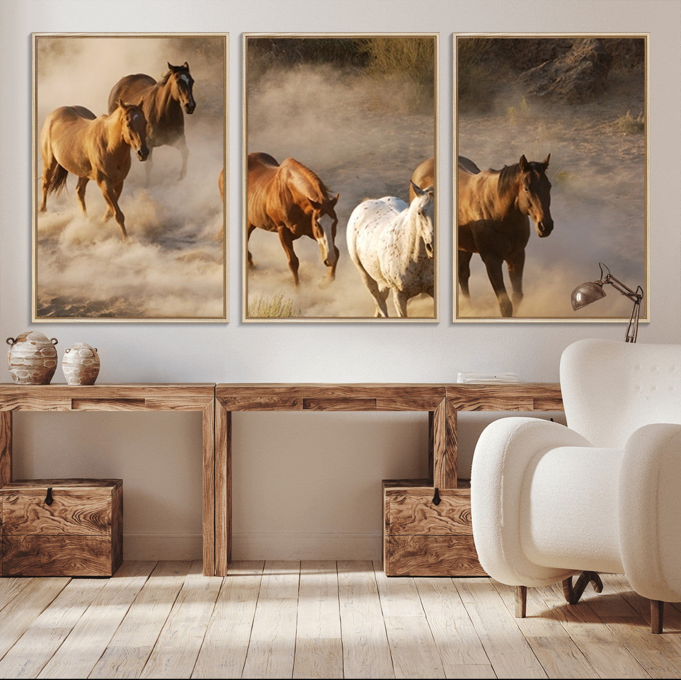 MGV-FC-60X30-3P - Large Wall Art 5 Horses Running on Sand Canvas Print