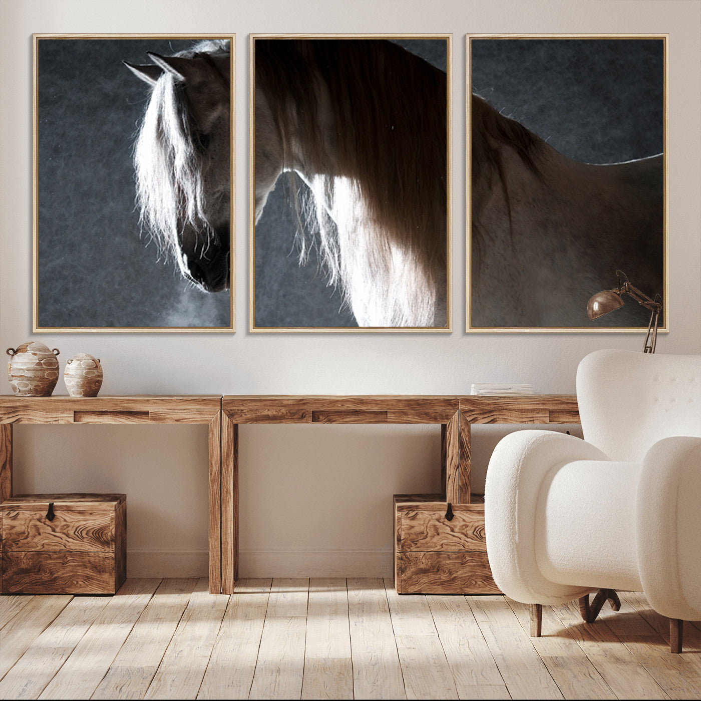 MGV-FC-60X30-3P - Large Wall Art Cream Colored Horse on Grey Background Canvas Print