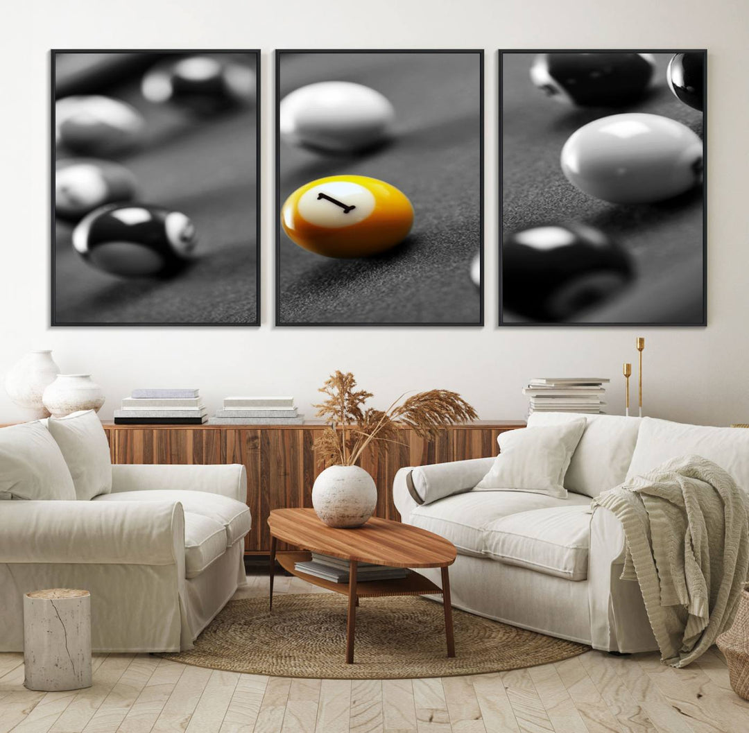 The Black and White Concept Billiard Balls Canvas Print elevates the space with museum-quality charm.